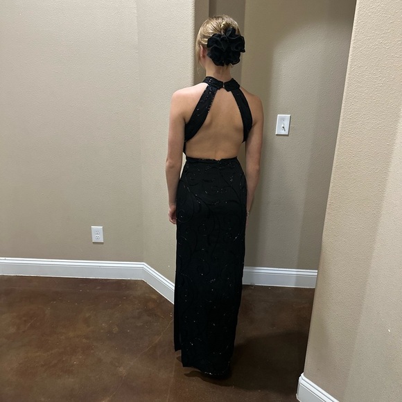 Long Black beaded Dress with open back, choker-collared neck and side slit. - Picture 4 of 5